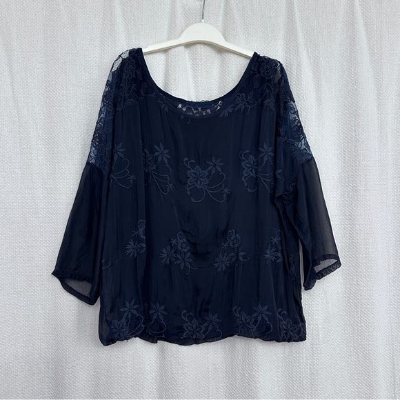 Tops - Elegant Silk Navy Blue Lace Blouse